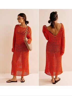 FREE PEOPLE Beach Sahara Sweater Midi Cover up DRESS M L Orange Scarlet Ibis NEW